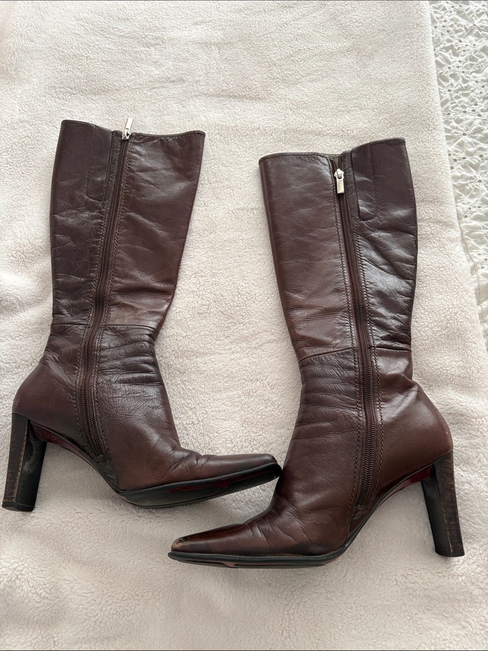 Nine West Dark Brown Leather Mid-Calf Zip Heel Boots